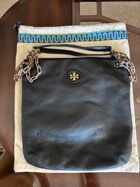 Tory Burch Black Pebbled Leather Shoulder Bag with Gold Logo